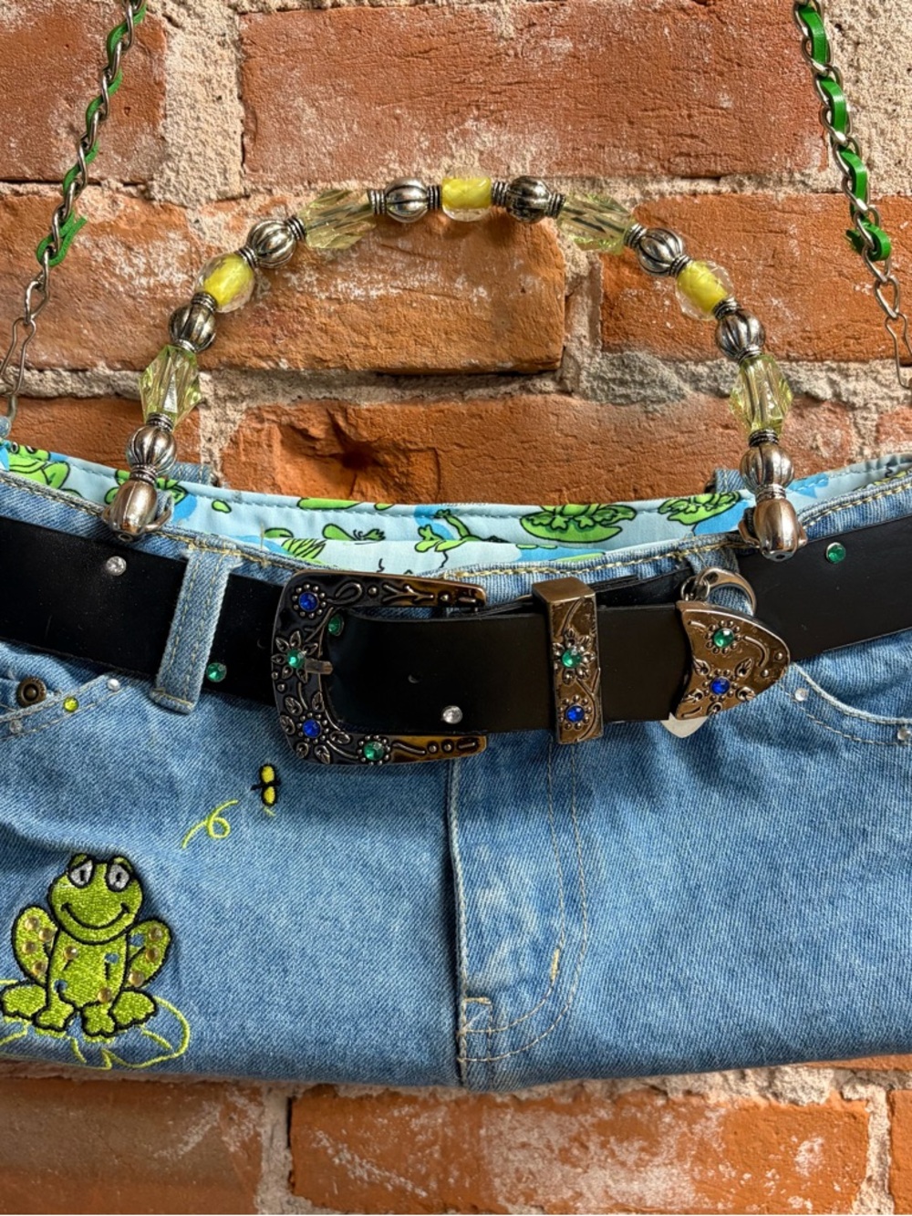 Y2K Upcycled Beaded Jewel Denim Jean Belt Bag Trinkets Embroidered Frog Design
